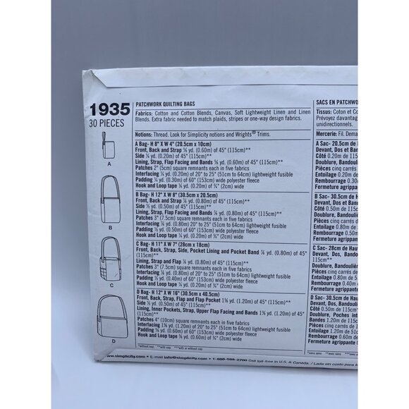 Simplicity Patchwork Quilting Bags Sewing Pattern 1935 - uncut - Picture 3 of 4